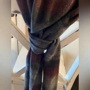 V. Fraas Cashmink Plaid Winter Scarf Burgundy Blue Grey Fringe Made in Germany